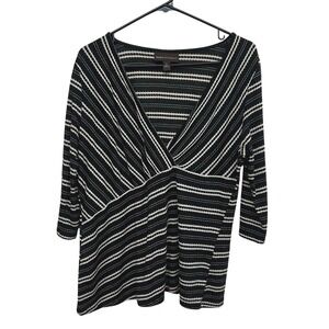 Dana‎ Buchman Striped Knit Top L Black White V-Neck 3/4 Sleeve Work Casual